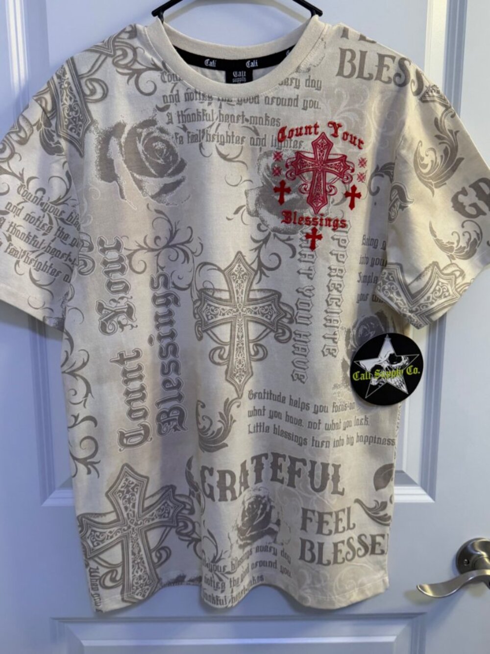 Cali Supply Co Mens Count Your Blessings Graphic T-Shirt Cream Red Cross Medium